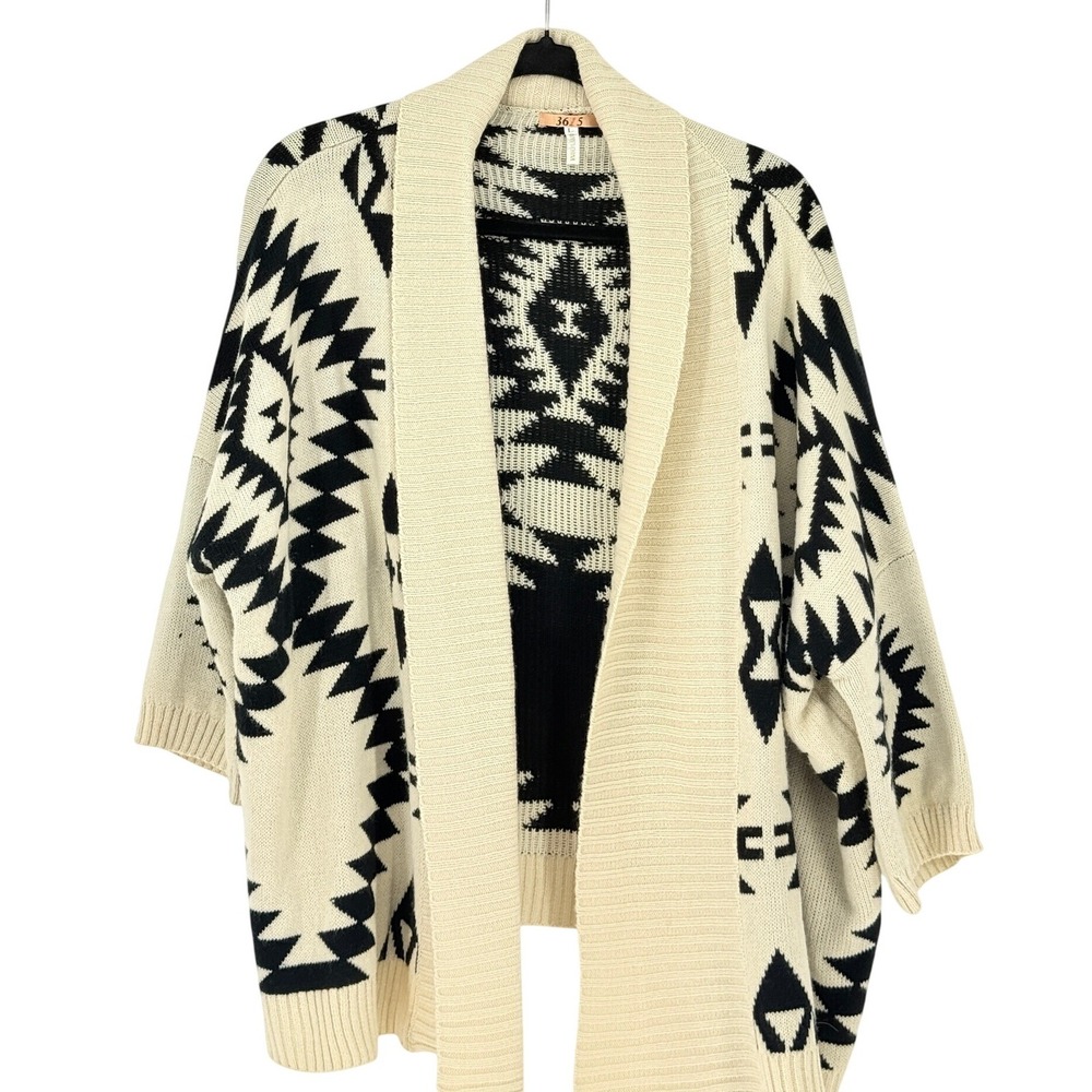 \Womens Southwestern Aztec Open Front Chunky Cardigan Cream Black Size L Western